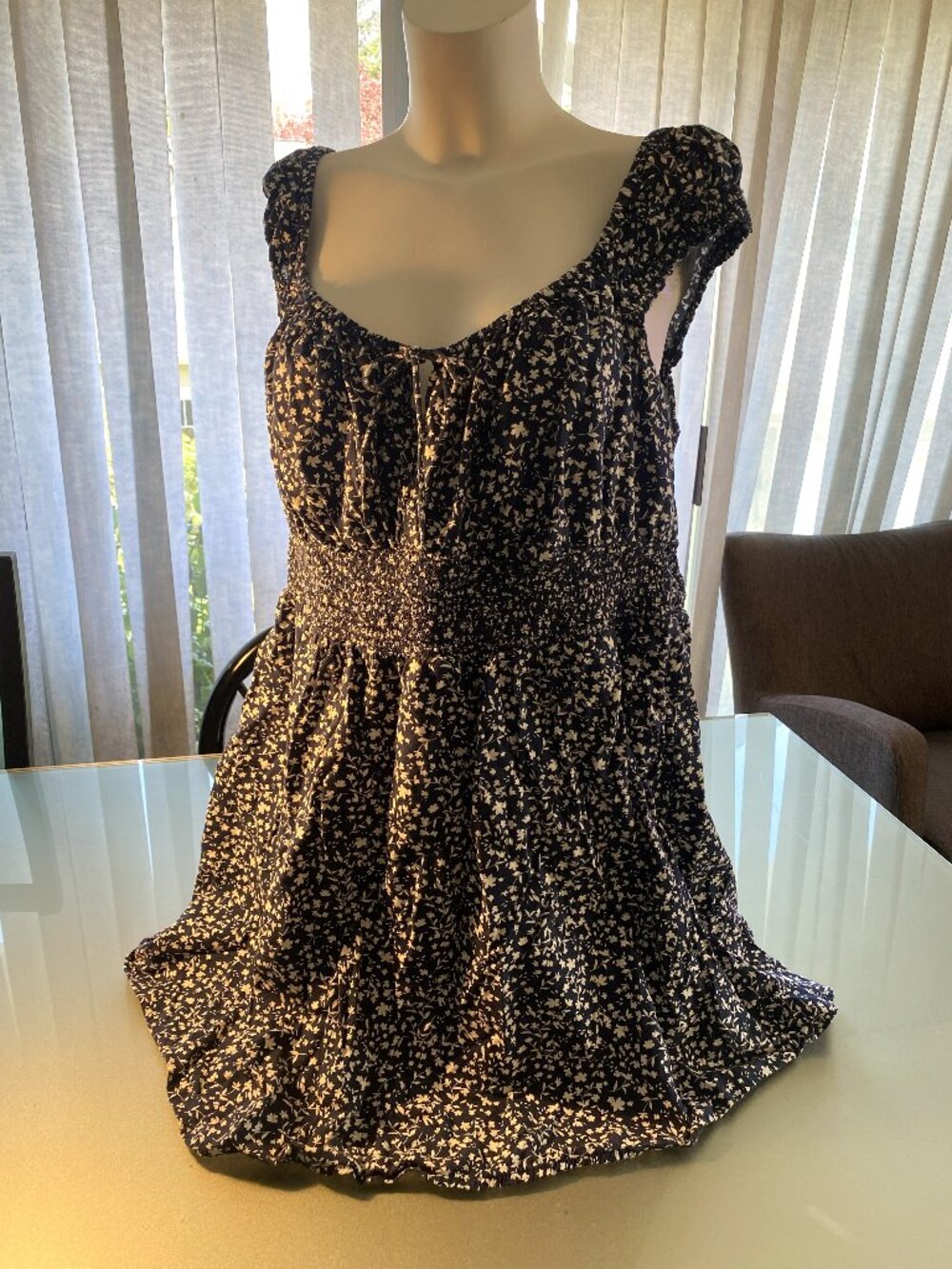 Old Navy Blue & White Flower Print Mini Dress XXL Elastic Top Off the Shoulders